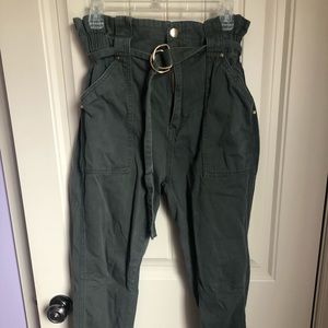 Dark Green Paper Bag Waisted Pants with Belt